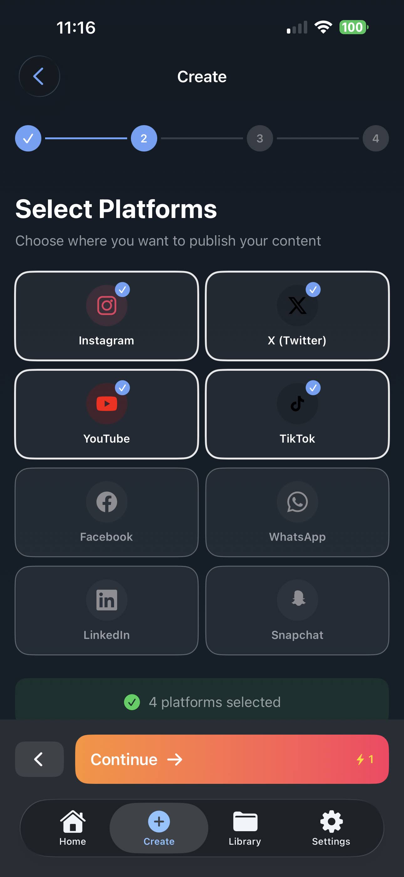 Selecciona plataformas de redes sociales - Instagram, TikTok, YouTube, X, LinkedIn, Facebook