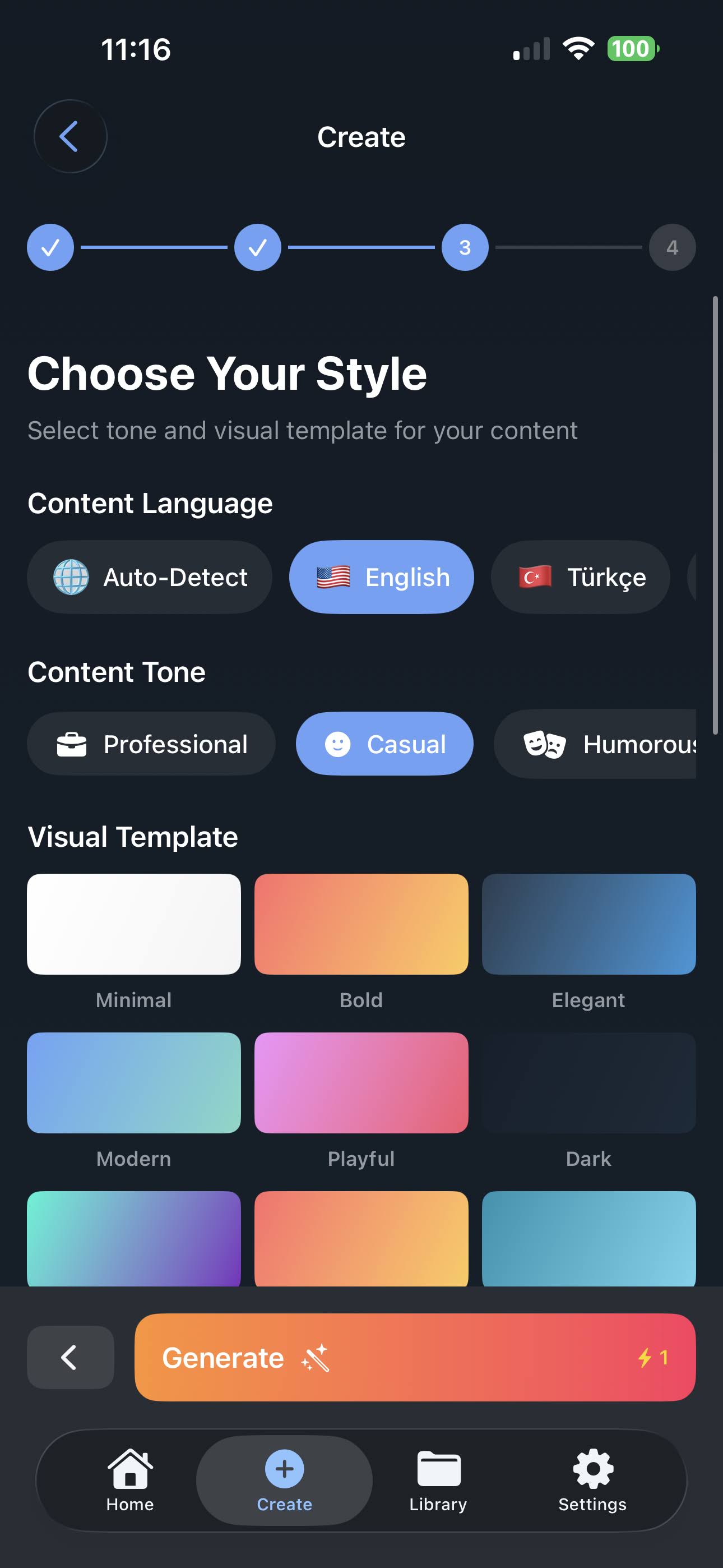 Elige el estilo de contenido - idioma, tono, plantilla visual y opciones de formato viral