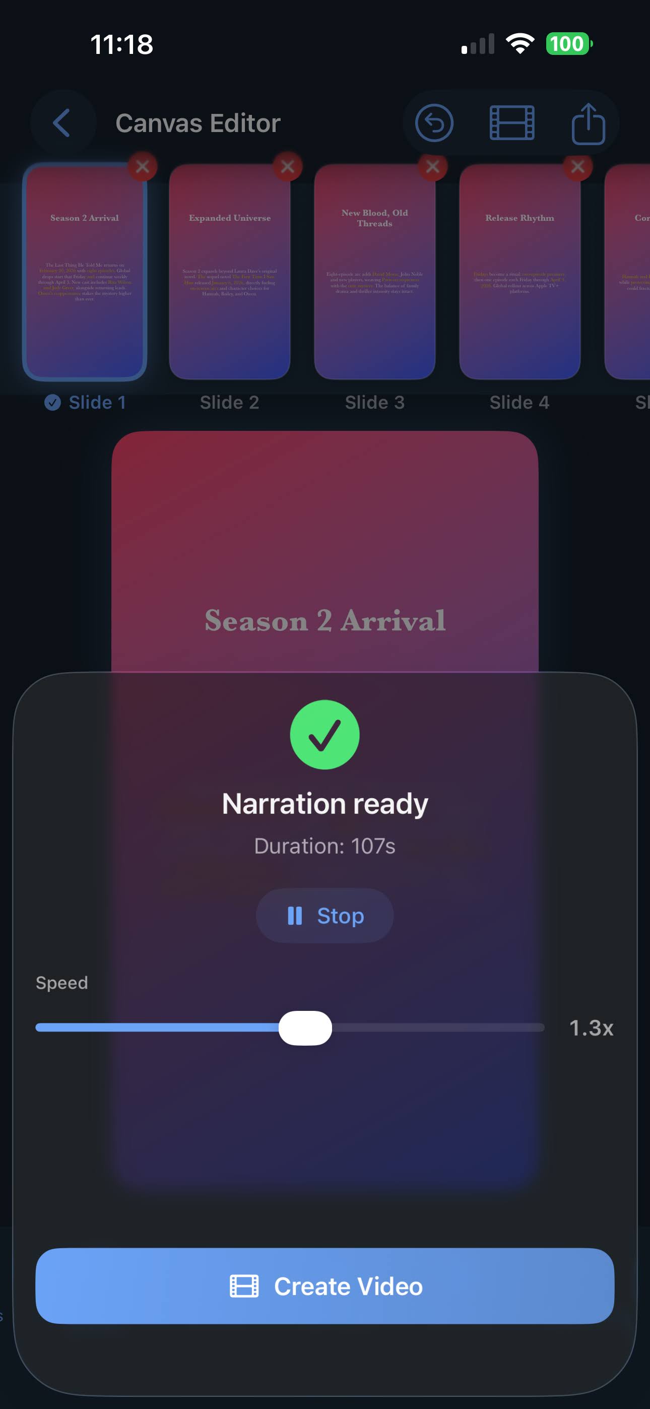 Voz en off IA lista con control de velocidad para conversión de carrusel a vídeo