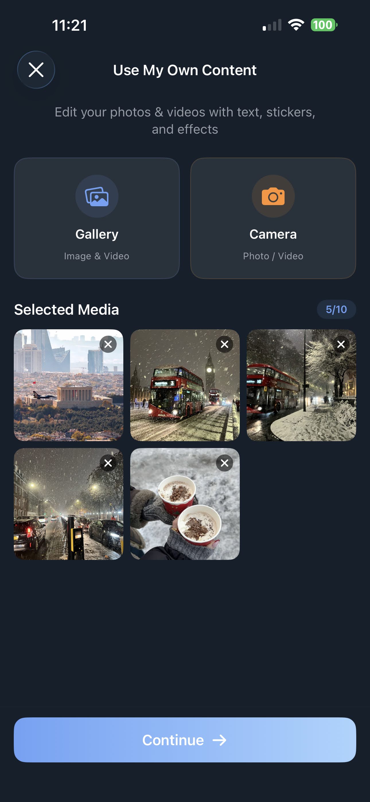 Importa tus propias fotos y videos de la galería para crear contenido en redes sociales