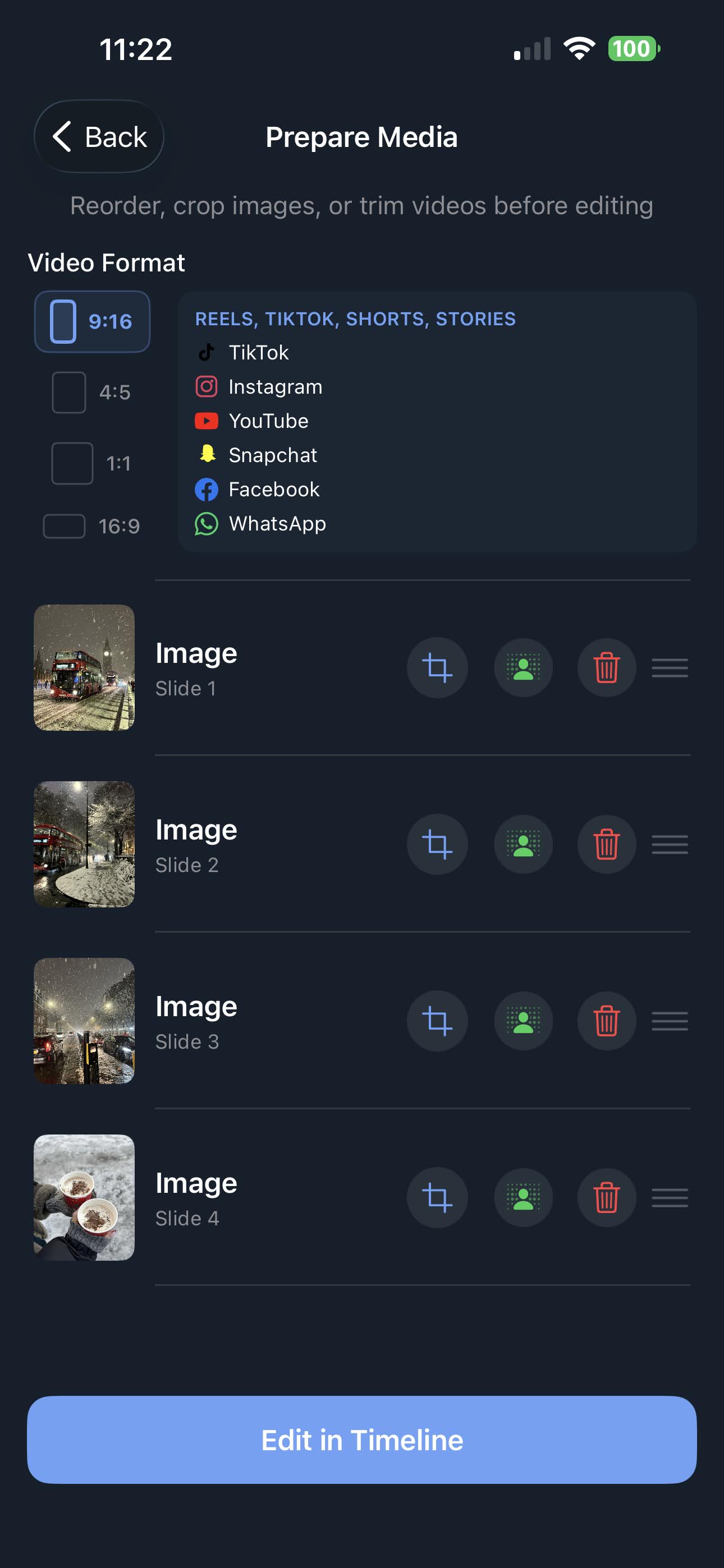 Prepara y reordena medios antes de editar video con opciones de recorte y formato