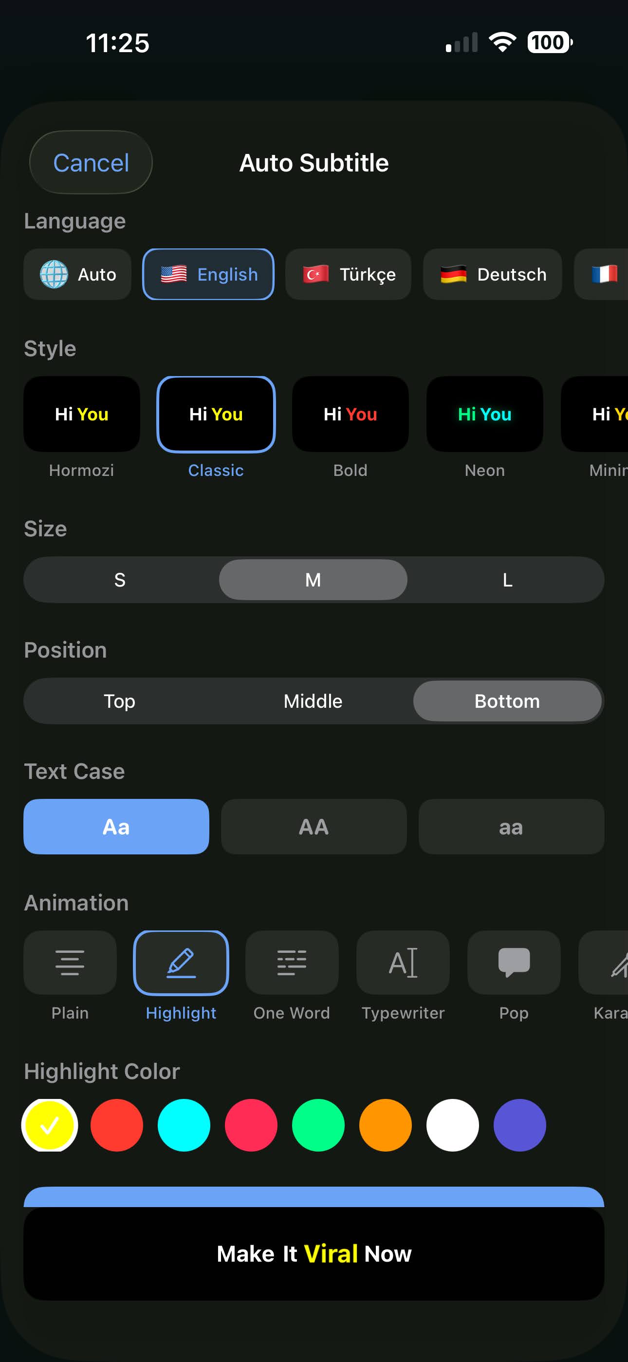 Configuración de subtítulos automáticos con estilos Hormozi, Classic, Bold, Neon