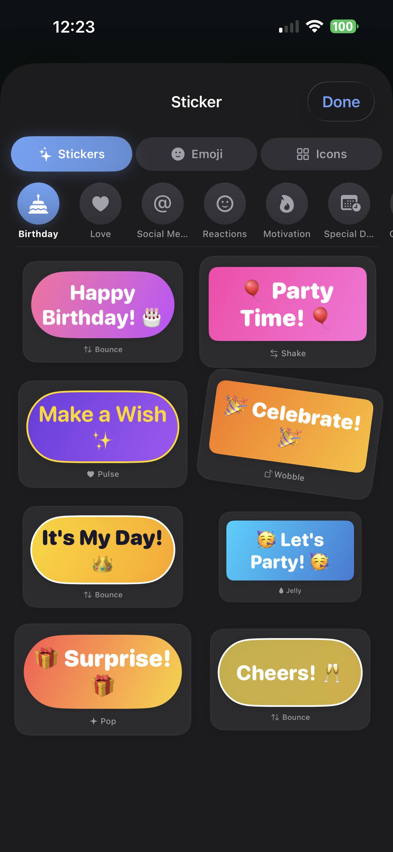 Biblioteca de stickers animados - Cumpleaños, Amor, Redes Sociales, Reacciones con efectos Bounce, Shake, Pulse