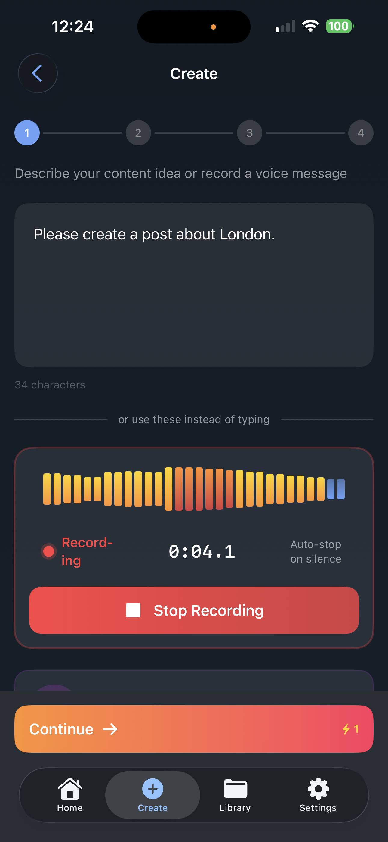 Entrada de grabación de voz PostKit AI - graba tu idea de contenido como mensaje de voz